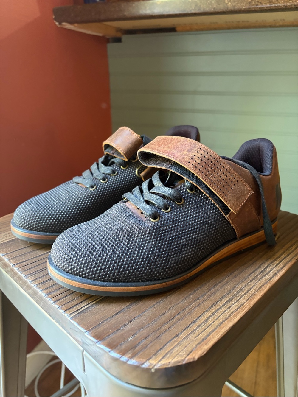NOBULL Black Knit Athletic Shoes with Brown Leather Accents